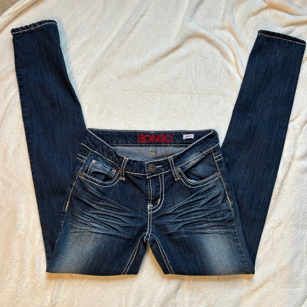 Bongo Faded Dark Wash “Western Style” Webbed Faded Blue Skinny Jeans (size: 7)